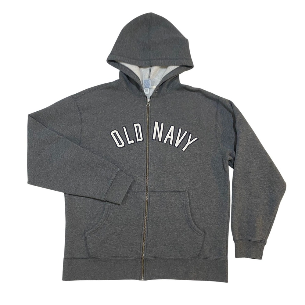 Vintage Old Navy Mens Gray Full Zip Fleece Hoodie Sweatshirt Embroidered Logo L